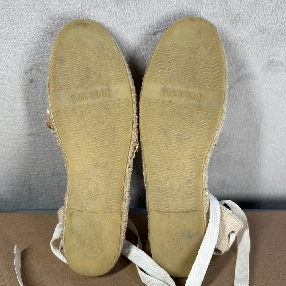 Soludos Espadrille Flats Womens 9 Tan Striped Calf Hair Ribbon Tie Coastal Boho